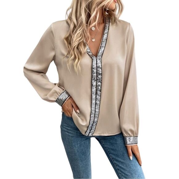 Beige & Black Contrast Sequin V Neck Long Sleeve Blouse Women’s Size Medium - Picture 1 of 6